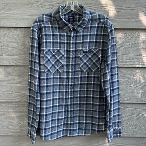 RVCA Men Medium Gray Blue Hero Plaid ButtonUp Flannel ShirtCheck Preppy Country‎